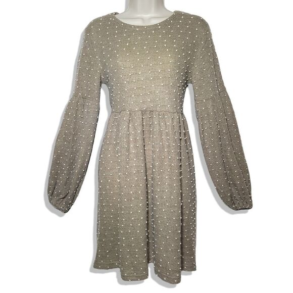 New In - "Mocha Swiss Dot" Puff Sleeved Polkadot Textured Textured Knit Dress - Picture 3 of 8